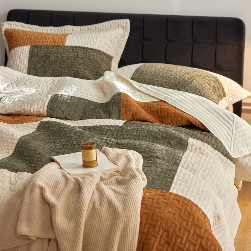 Premium Crystal Velvet Creative Splicing Bed Cover Three Piece Set