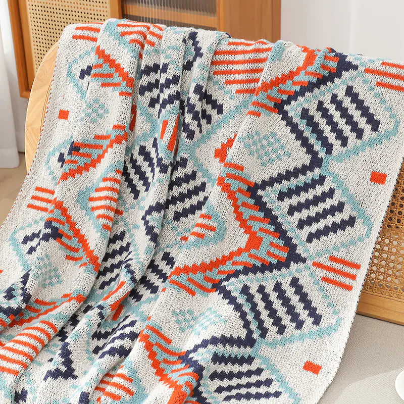 Bohemian Knit Throw Blanket with Tassels and Waves