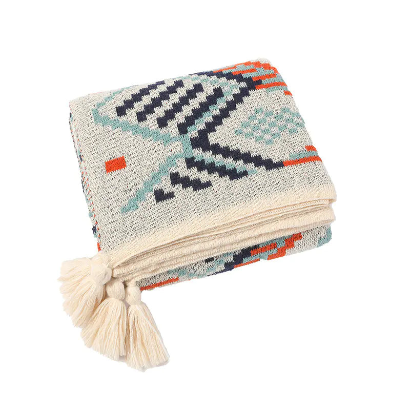 Bohemian Knit Throw Blanket with Tassels and Waves