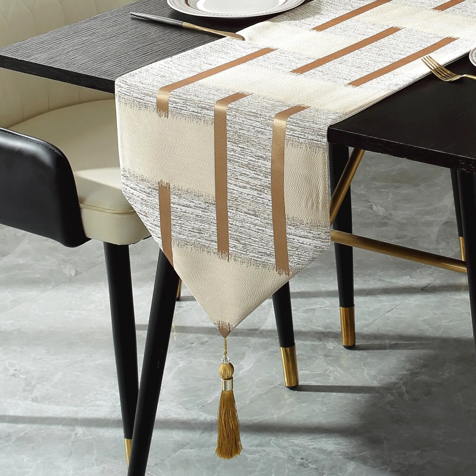Beige Table Runner with Gold Edging