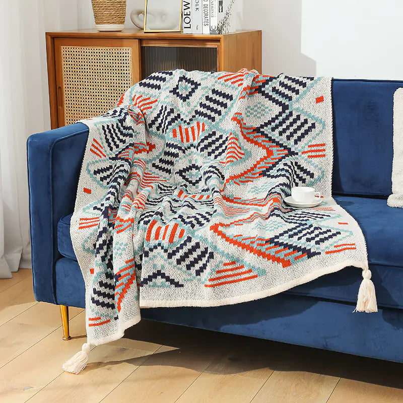 Bohemian Knit Throw Blanket with Tassels and Waves