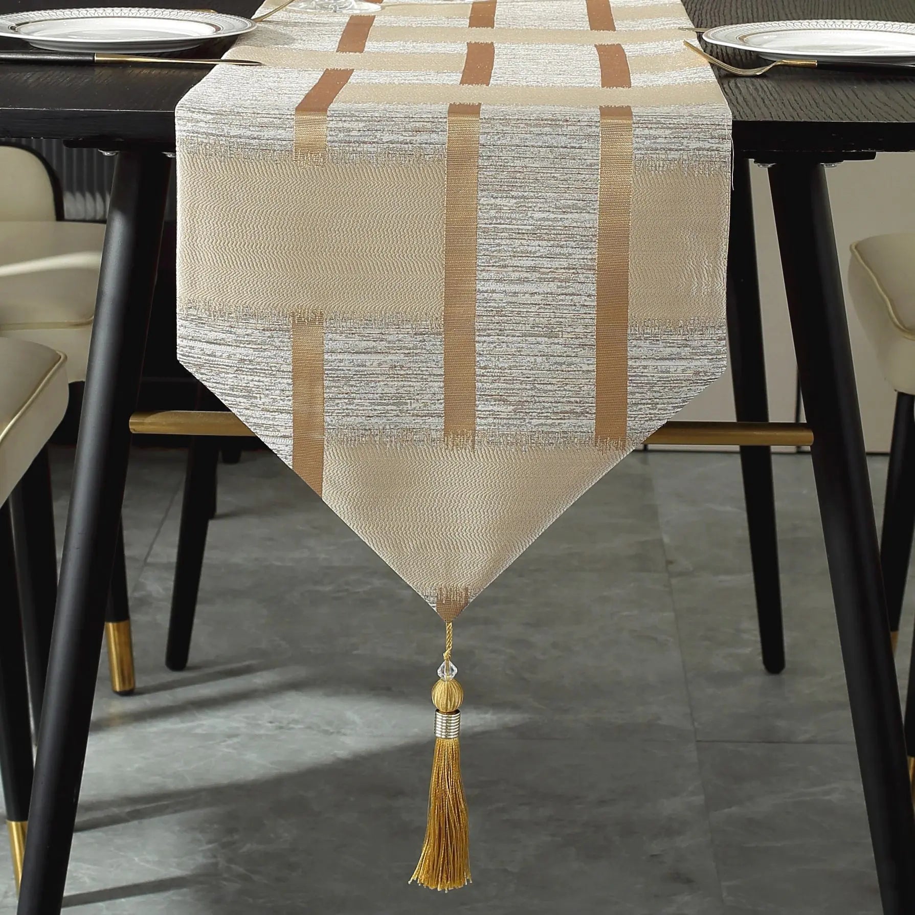 Beige Table Runner with Gold Edging