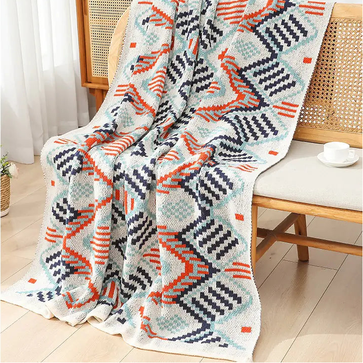 Bohemian Knit Throw Blanket with Tassels and Waves