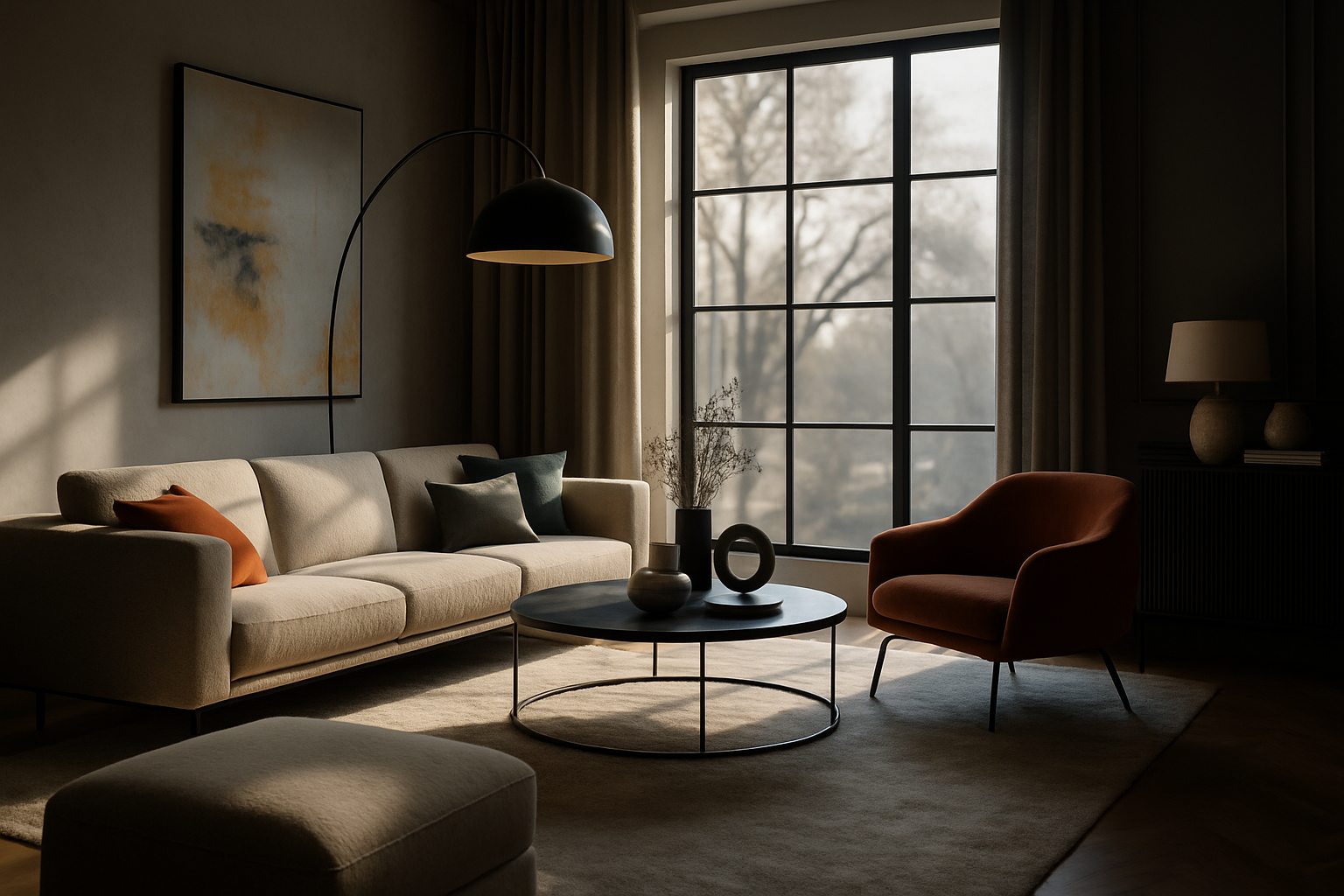 realistic dramatic shot of a stylish modern living room